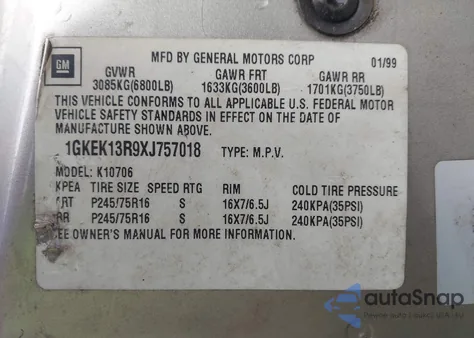 1999 GMC Yukon Slt Cmi from USA, damaged, VIN 1GKEK13R6XJ710142